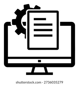 Computer screen displaying document and gear icon representing software settings and development process