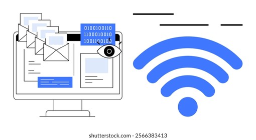 A computer screen displaying emails, binary code, and a surveillance eye icon alongside a blue wireless symbol. Ideal for cybersecurity, data protection, digital communication, internet security