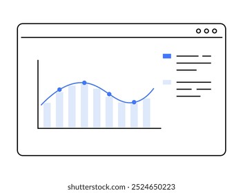 A computer screen displaying a graph with a line chart and data points. Ideal for data analysis, business reporting, financial tracking, performance metrics, and statistical presentations. Clean