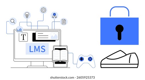 Computer screen displaying LMS interface, education icons, tablet with open book, gaming controller, shoe, padlock symbolizing cybersecurity. Ideal for e-learning, education, technology, online