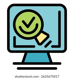 Computerbildschirm mit Lupe mit Häkchen, was für eine erfolgreiche Suche, positive Ergebnisse und Online-Überprüfung steht