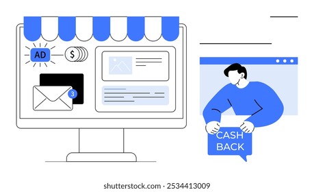 Computer screen displaying online store with ad placement emails and cash-back offers. Ideal for digital marketing strategies ecommerce campaigns customer engagement online shopping and cashback