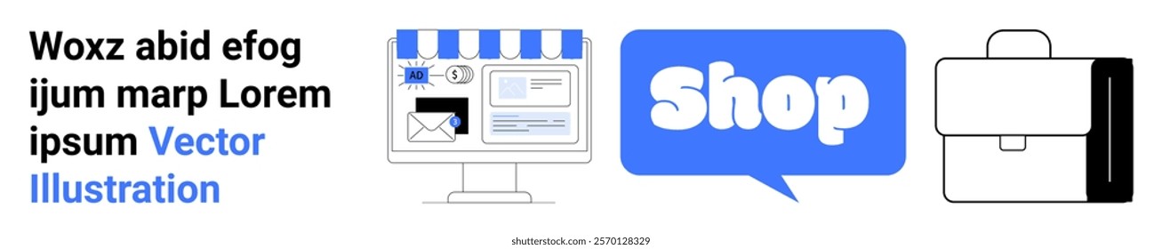 A computer screen displaying an online store, a speech bubble with the word Shop, and a briefcase with a handle. Ideal for e-commerce, online shopping, digital business, marketing, and retail. Banner