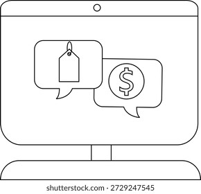 A computer screen displaying a price tag and dollar sign speech bubbles