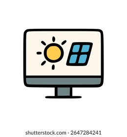Computer Screen Displaying Sun Icon and Solar Panel Symbol Representing Solar Energy Monitoring System