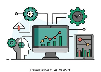 Computer Screen Displaying Upward Trending Graph with Connected Gears and Human Head