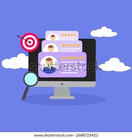 computer screen displaying user profiles with rating stars, magnifying glass, and target icon.