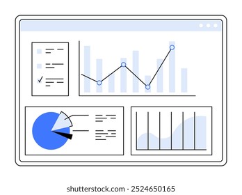 Computer screen displaying various data charts and graphs. Ideal for business, finance, analytics, data visualization, reporting. Clean, minimalist design.