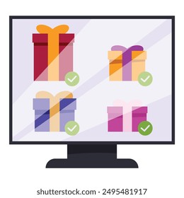 Computer screen displaying various gift boxes with check marks, representing successful online shopping and secure ecommerce transactions