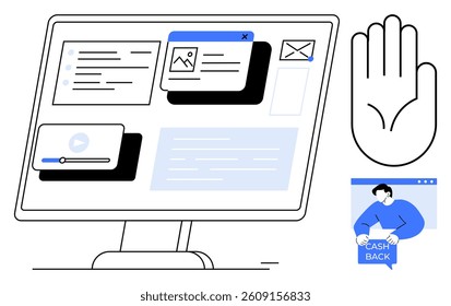 Computer screen displaying various windows with icons for mail, video, and image, as well as a cashback pop-up and a hand icon. Ideal for web design, user interface, online advertisements, digital