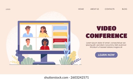 Computer screen displaying a video conference with four participants, chat bubbles, and interface elements, on a beige background with decorative plants. Vector illustration