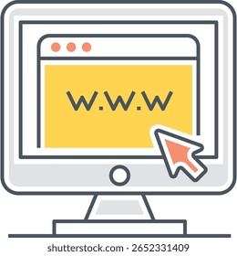 Tela do computador exibindo WWW com cursor, estilo de design plano