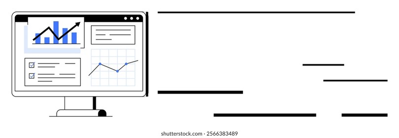 Computer screen displays analytics dashboard with various graphs charts and data. Ideal for business performance financial analysis data visualization reporting and decision-making