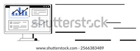 Computer screen displays analytics dashboard with various graphs charts and data. Ideal for business performance financial analysis data visualization reporting and decision-making