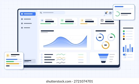 Ein Computerbildschirm zeigt ein Dashboard mit verschiedenen Diagrammen und Grafiken an. Der Benutzer überprüft die Daten auf eine bessere Entscheidungsfindung. Dazu gehören Statistiken und Leistungsindikatoren.