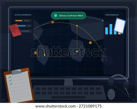 A computer screen displays a delivery confirmation for shipment 8821. The interface shows shipment paths, performance stats, and checklists for logistics management.