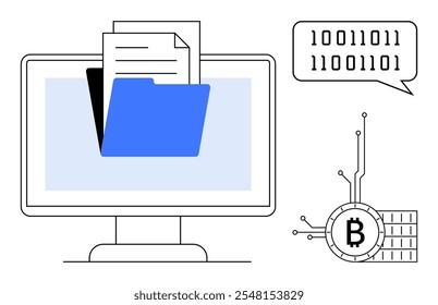 La pantalla de un ordenador muestra una carpeta digital que contiene documentos y archivos. A la derecha, un símbolo de criptomoneda y una burbuja de discurso de código binario son visibles. Ideal para la gestión de datos, criptomonedas