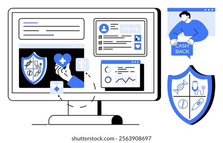 Computer screen displays digital healthcare-related content with a medical application interface, a hand holding a heart symbol, user profiles, data charts, and a shield symbol. Ideal for online