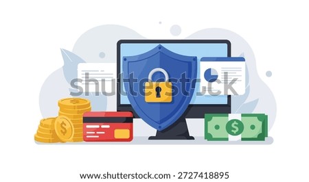 A computer screen displays a digital security shield with a padlock, surrounded by coins, credit cards, and banknotes, symbolizing online financial safety.