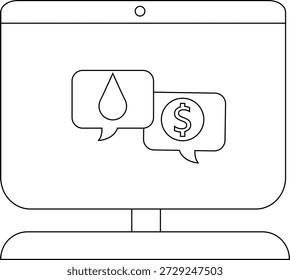 La pantalla de la computadora muestra un icono de caída y un signo de dólar dentro de las burbujas de discurso