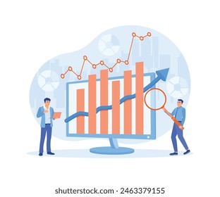 The computer screen displays financial charts. Businessman analyzing company financial charts. Data Analysis Concept. Flat vector illustration.