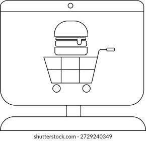 A computer screen displays a hamburger in a shopping cart