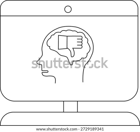 A computer screen displays a head profile with a brain containing a thumbsdown icon
