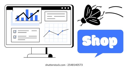 A computer screen displays multiple graphs and charts representing data analytics. A bug icon flies nearby with a speech bubble saying shop Ideal for data analysis e-commerce software issues bug