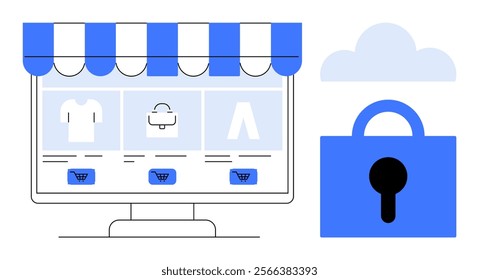 Computer screen displays online shop with shopping cart icons and clothes. Padlock and cloud icon emphasize security and data protection. Ideal for ecommerce, security, cloud services, online