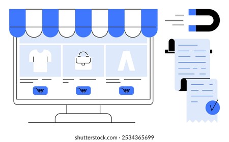 A computer screen displays an online store with shopping cart icons below various items. To the right, receipts and a magnet suggest attracting sales. Ideal for online shopping, e-commerce, retail