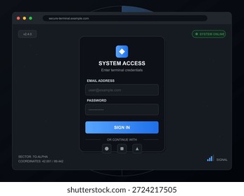 Uma tela de computador exibe uma interface de login de terminal segura. Os usuários inserem seu e-mail e senha para acesso ao sistema. O plano de fundo apresenta elementos técnicos e status online.