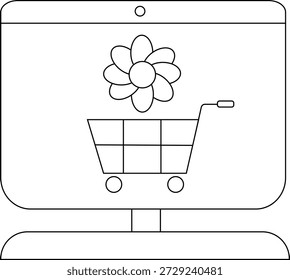 A computer screen displays a shopping cart beneath a flower all outlined in black