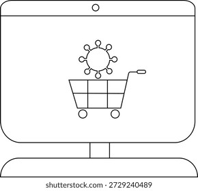 Una pantalla de computadora muestra un Carrito de compras debajo de un gráfico de virus, todo delineado en negro