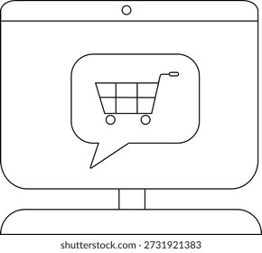 A computer screen displays a shopping cart icon within a speech bubble