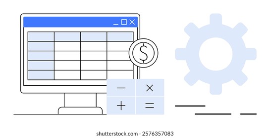 Computer screen displays a spreadsheet, accompanied by a calculator, dollar sign, and gear. Ideal for finance, data analysis, accounting, budgeting, and business reporting. Simple minimalist vector
