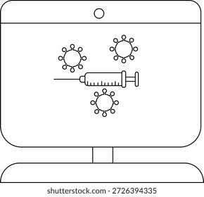 Ein Computerbildschirm zeigt eine Spritze und drei virusähnliche Formen an