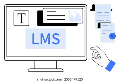 Computer screen displays text documents and images labeled LMS. Hand manages digital documents. Ideal for online education, e-learning platforms, digital resources, virtual classrooms, educational