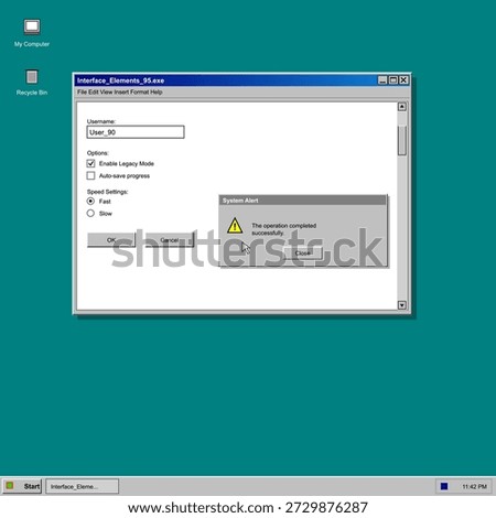 A computer screen displays a user login prompt with fields for username and options for settings. A system alert shows a message about operation completion late at night.