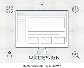 Ein Computerbildschirm zeigt UX-Designkonzepte mit Drahtmodellen und Symbolen an. Das Layout umfasst verschiedene Symbole und Formen um den Hauptinhaltsbereich. In dieser Kulisse werden Design-Ideen präsentiert.