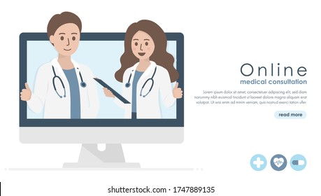 Computer screen of doctor with stethoscope, patient medical records and health icons. Online doctor, medical consultation and healthcare concept. Flat vector illustration. Copy space for text.