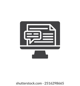 Tela de computador com documento e ícone de vetor de comentário. sinal plano preenchido para conceito móvel e web design. ícone de glifo da Revisão Interpares Online. Símbolo, ilustração de logotipo. Gráficos vetoriais
