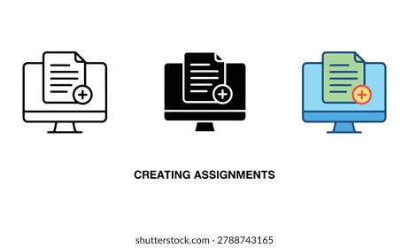 Computer screen with document and plus sign for creating new assignments in modern flat vector icon design