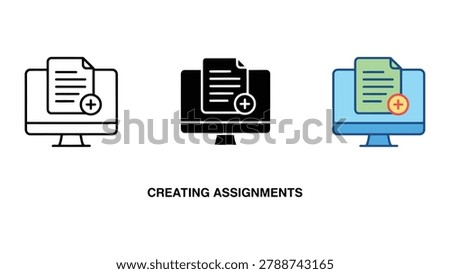 Computer screen with document and plus sign for creating new assignments in modern flat vector icon design