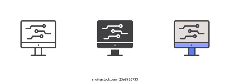 Computer screen with electronic circuit icon. line and glyph version, outline and filled vector sign. linear and full pictogram. Symbol, logo illustration. Different style icons set