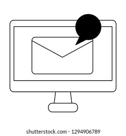 computer screen with email and bubble symbol in black and white