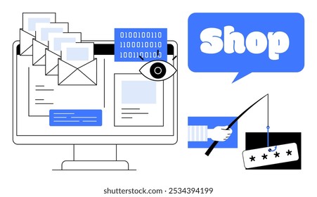 Tela do computador com e-mails e código binário, balão de fala da loja, ícone de olho, mão segurando um cartão de crédito e gancho de phishing com senha. Ideal para segurança on-line, reconhecimento de phishing, crimes cibernéticos