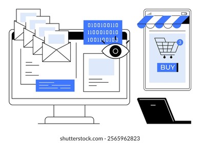 Computer screen with emails, a mobile phone with a shopping cart, and a laptop. Ideal for digital communication, e-commerce, cybersecurity, online shopping, technology. Simplistic modern style