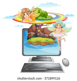 Computer screen with fairies on island illustration