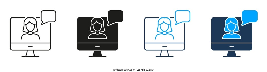 Pantalla de computadora con línea de chat de avatar femenino y conjunto de iconos sólidos. Colección de símbolos de reuniones en línea de comunicación digital. Ilustración vectorial aislada.