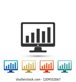 Computer screen with financial charts and graphs icon isolated on white background. Chart Bars and Financial Analytics. Set elements in colored icons. Flat design. Vector Illustration